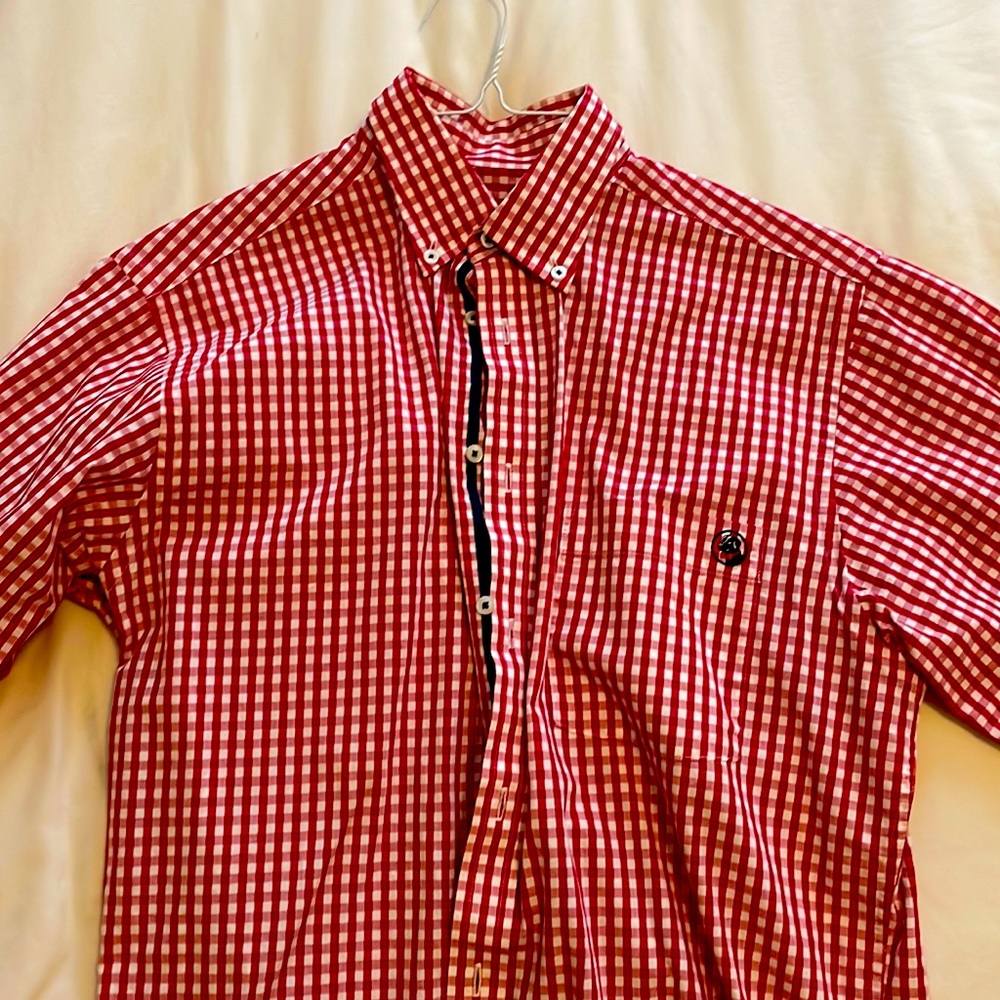 Small southern proper red checkered dress shirt.